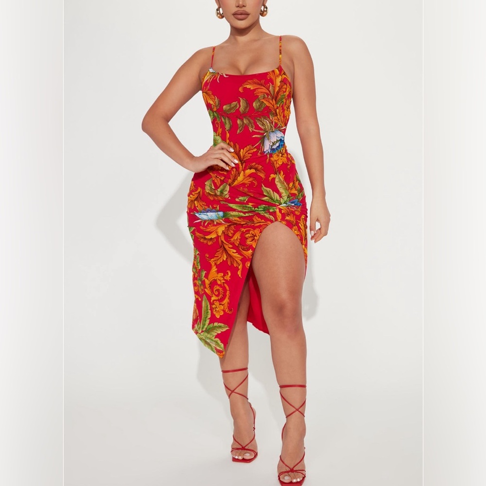 EUC Red Tropical Midi Dress